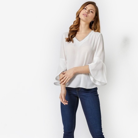 Dorothy Perkins Ivory Trim Sleeve V-Neck Top - Picture 2 of 7